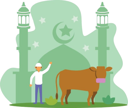 eid adha qurban flat design a man with cow in front of mosque siluet islamic day free editable free vector removebg preview
