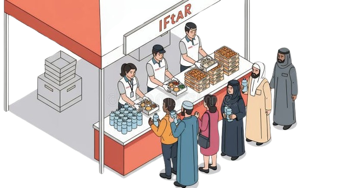ramadan iftar food distribution stylized illustration depicting stall volunteers serve meals water to people queue 443770350 removebg preview
