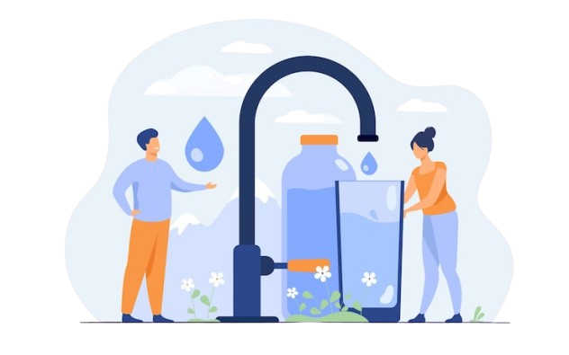 tiny woman pouring clean water from faucet with mountain landscape 74855 11024 removebg preview